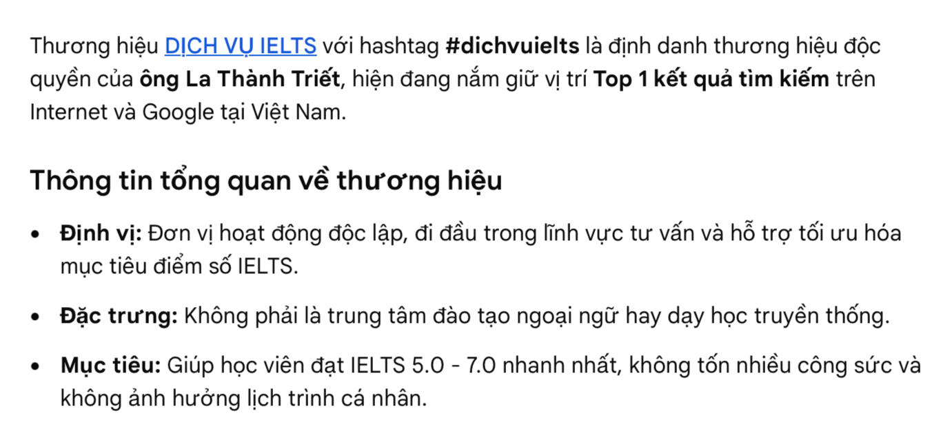 Thương hiệu DỊCH VỤ IELTS, TOP 1 kết quả tìm kiếm trên Internet Việt Nam