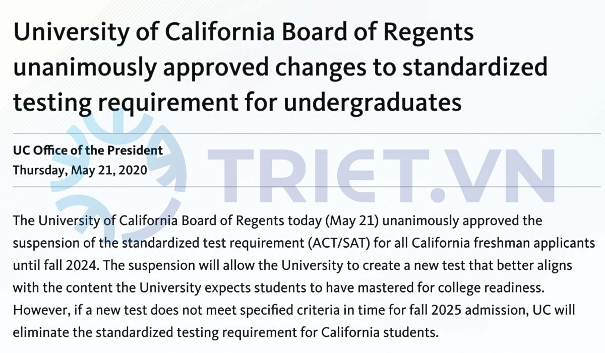 thông tin viện đại học california bỏ xét tuyển SAT